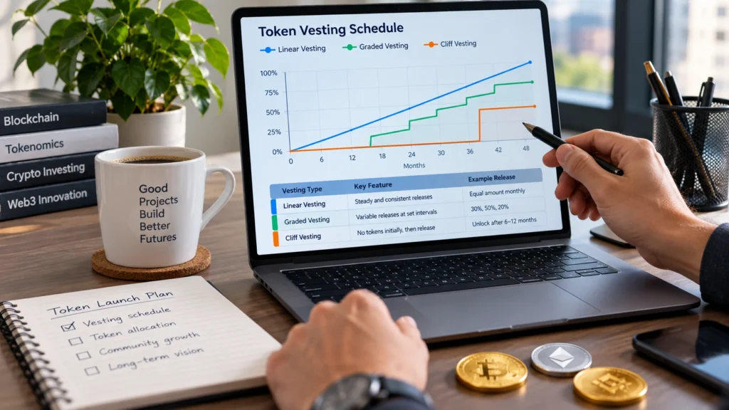 Crypto token vesting schedule showing linear, graded, and cliff vesting on a laptop