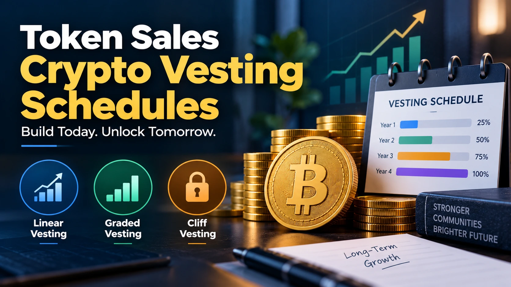 Crypto vesting schedules for token sales showing linear, graded, and cliff vesting