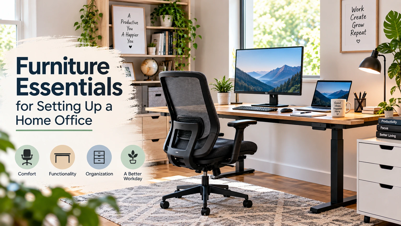 Furniture essentials for setting up a modern home office with an ergonomic chair, desk, monitor, and storage