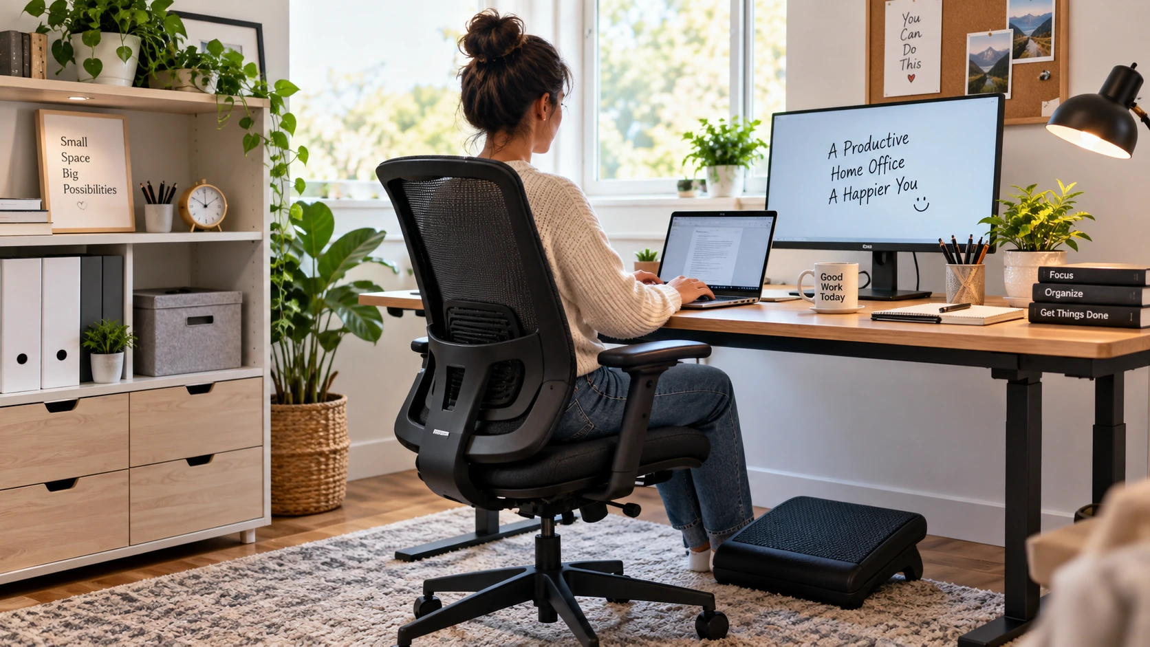Modern home office with an ergonomic chair, height-adjustable desk, monitor, laptop, and organized storage furniture