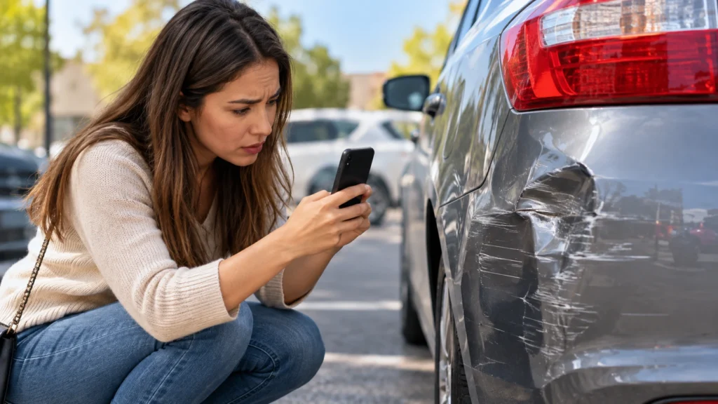 Woman photographing damage to her car after it was hit in a parking lot