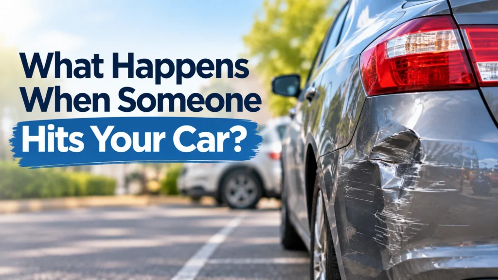 Damaged car with a dented rear bumper after being hit in a parking lot