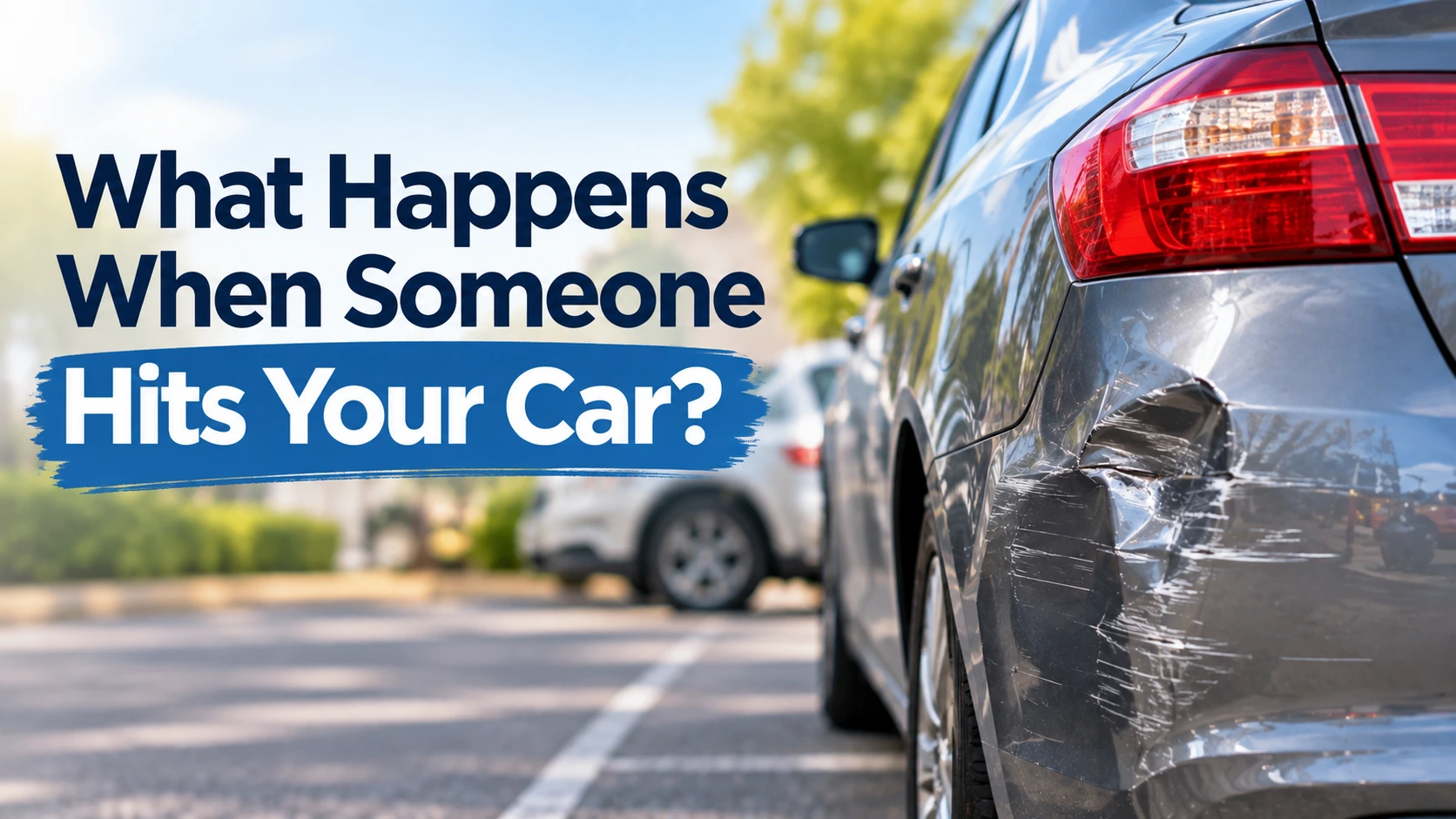 Damaged car with a dented rear bumper after being hit in a parking lot
