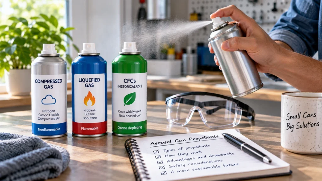 Aerosol can propellants showing compressed gas, liquefied gas, and aerosol spray in a workshop setting