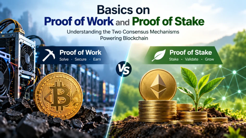 Basics of Proof of Work and Proof of Stake showing cryptocurrency mining and staking on blockchain networks