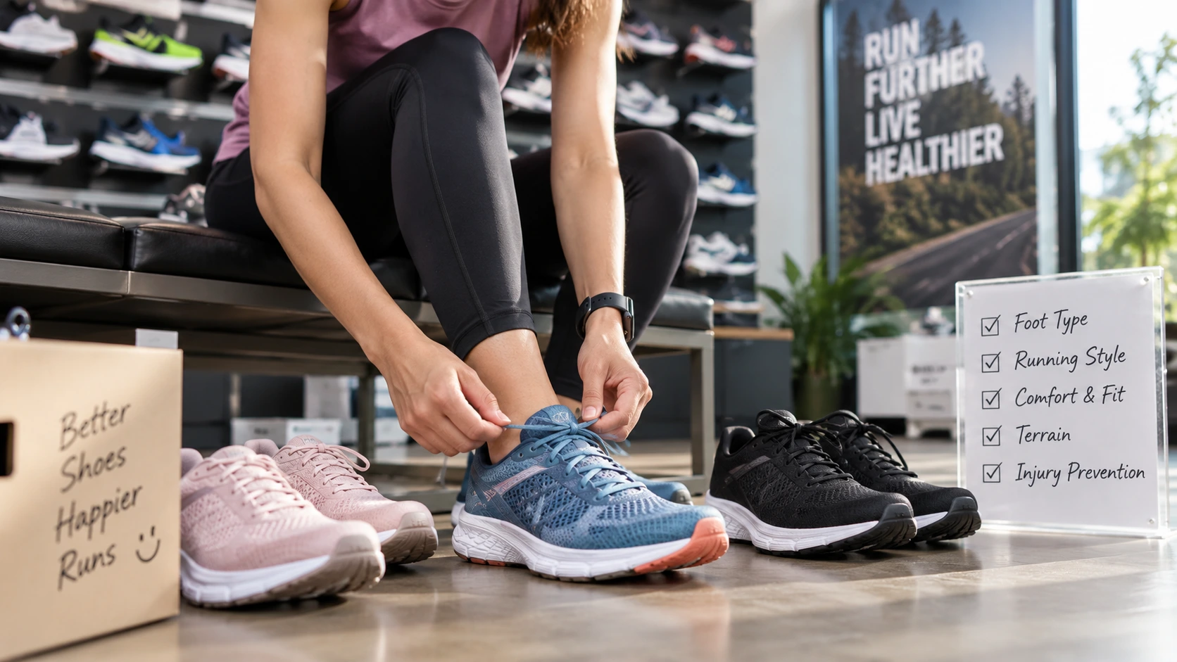 Runner choosing running shoes based on foot type, running style, comfort, fit and terrain