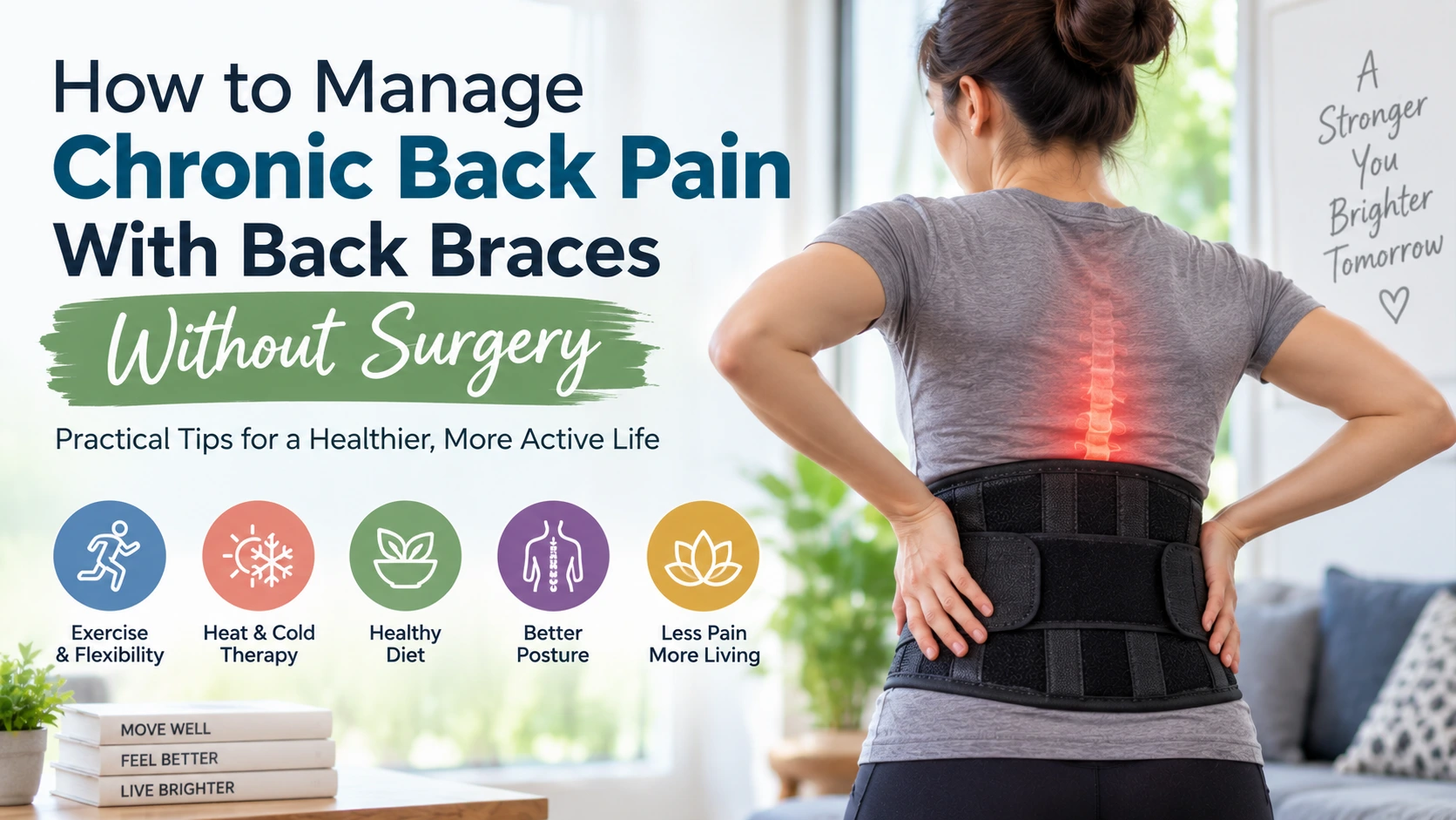 Woman wearing a back brace to manage chronic back pain without surgery