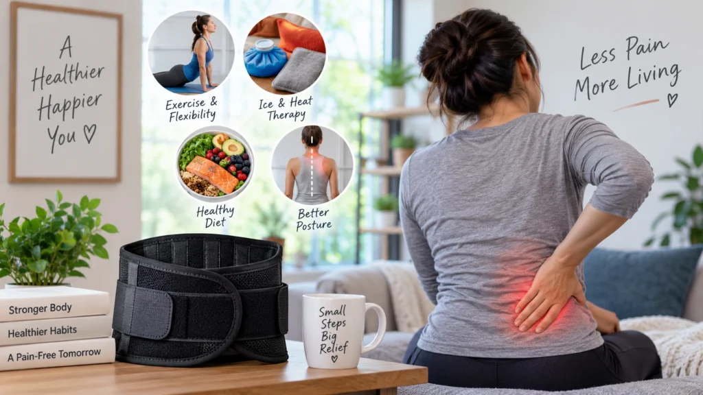Woman managing chronic back pain with a back brace, exercise, heat therapy, healthy diet, and better posture