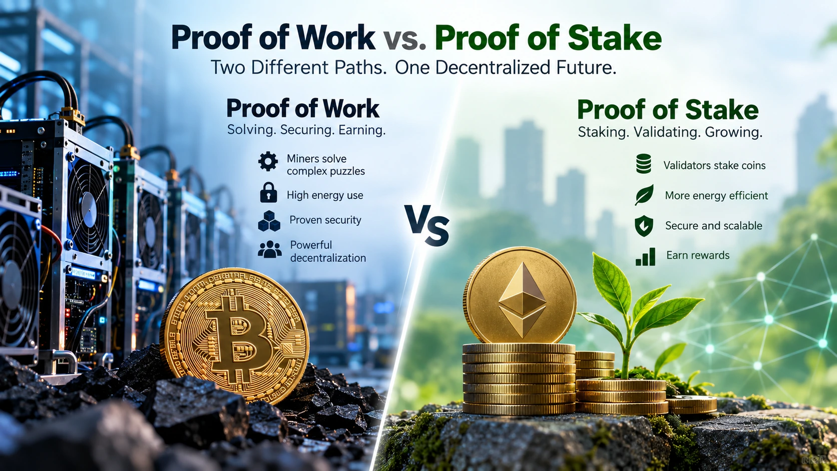 Proof of Work vs Proof of Stake showing cryptocurrency mining, staking, energy efficiency, security, and blockchain validation