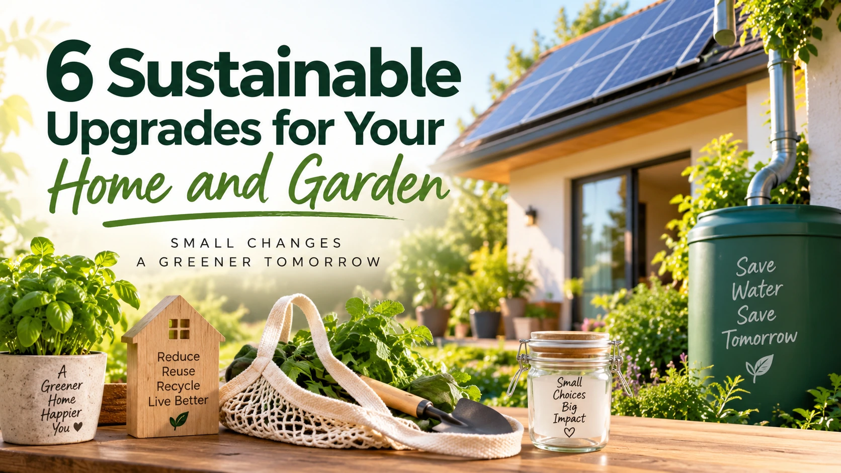 Sustainable home and garden with solar panels, rainwater collection, plants, and eco-friendly supplies