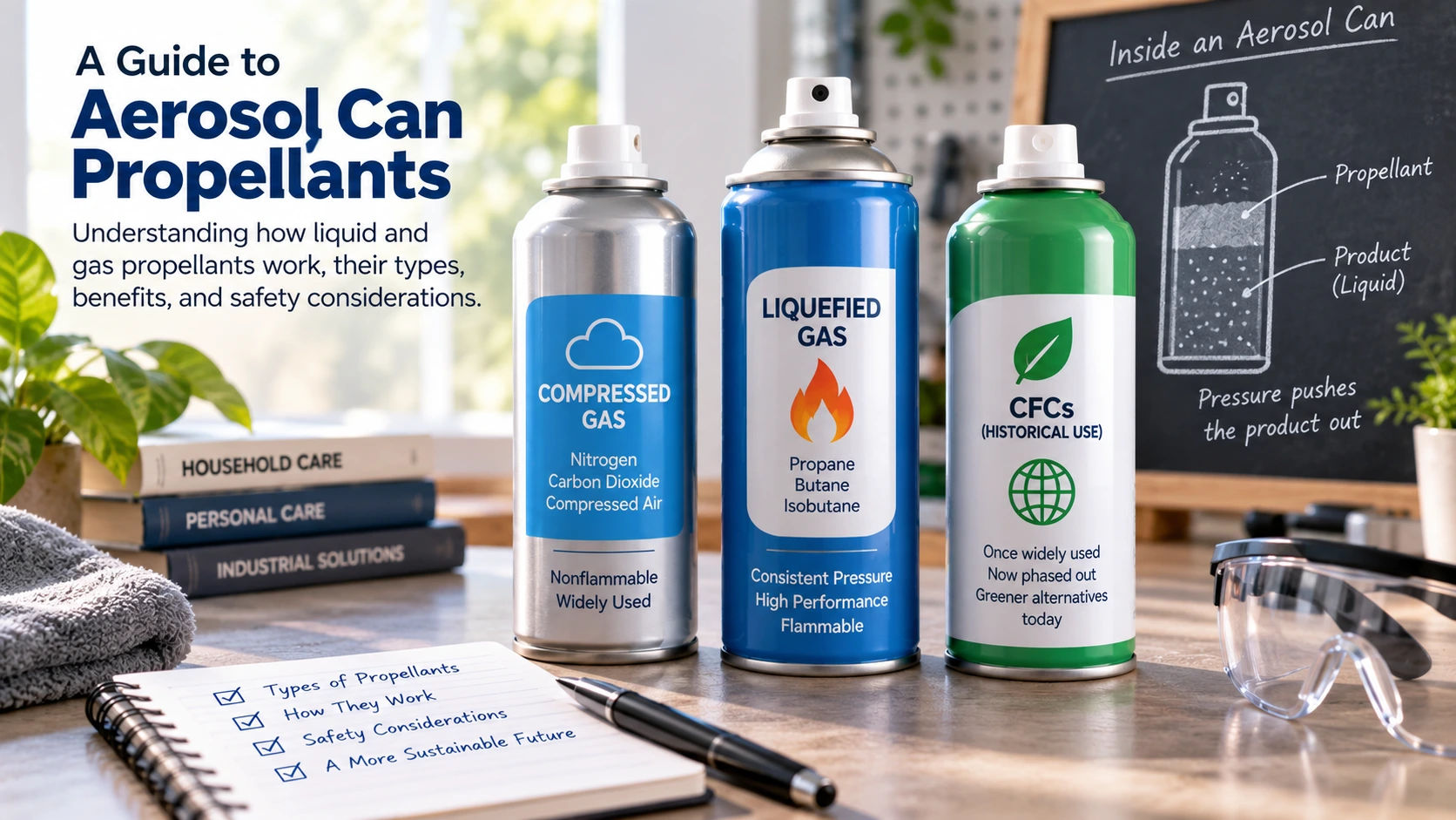 Aerosol can propellants showing compressed gas, liquefied gas, and historical CFC propellants