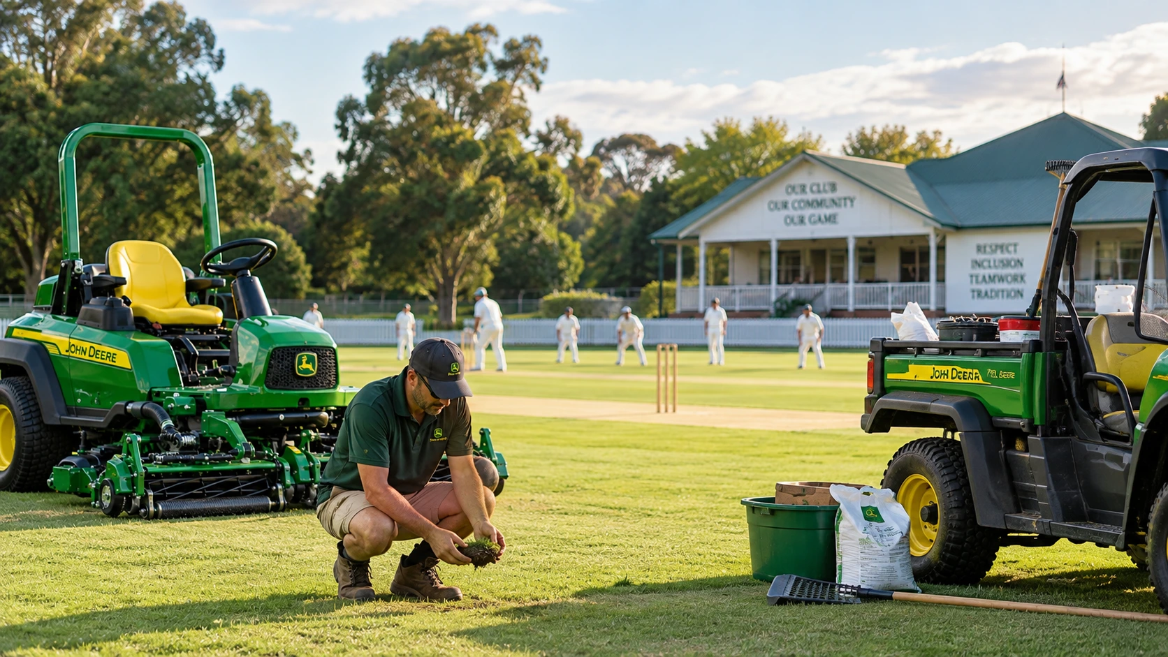 Groundskeeper maintaining a cricket ground with John Deere mowing and utility equipment