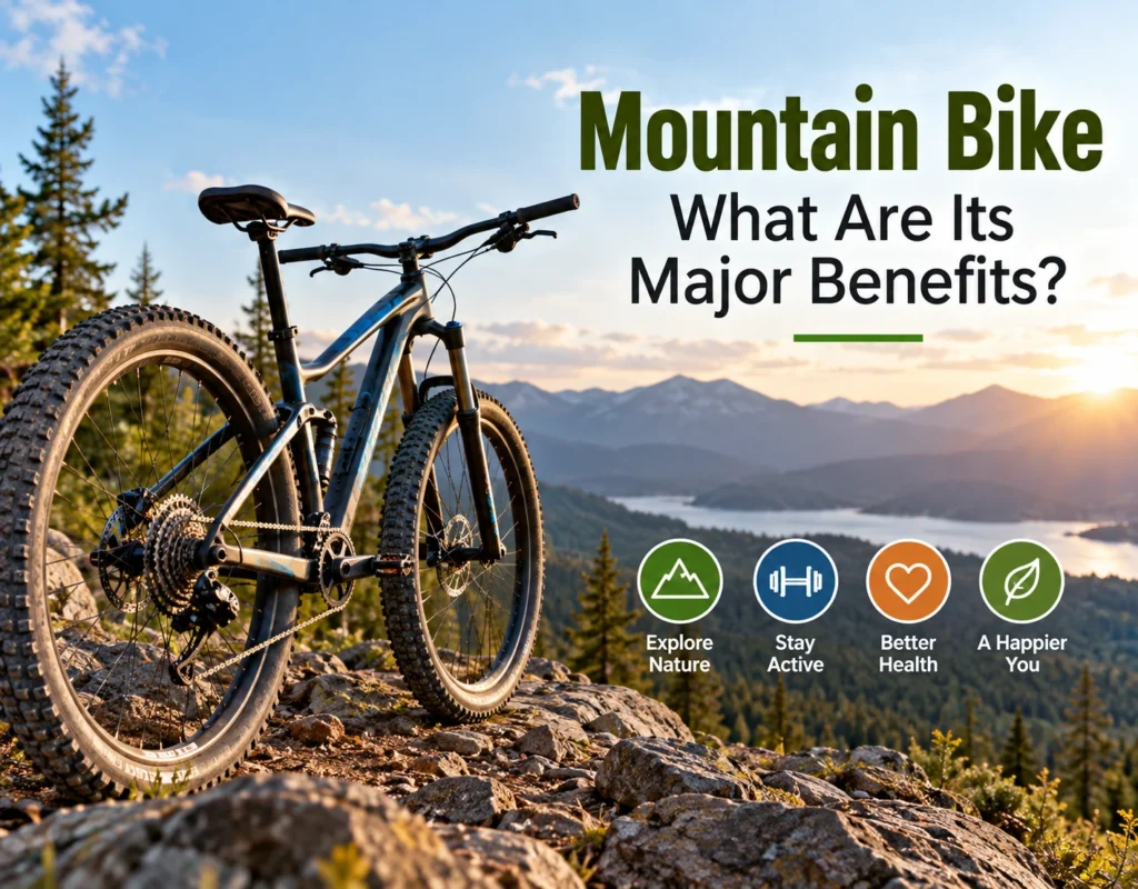 Mountain bike on a rocky trail with mountains in the background