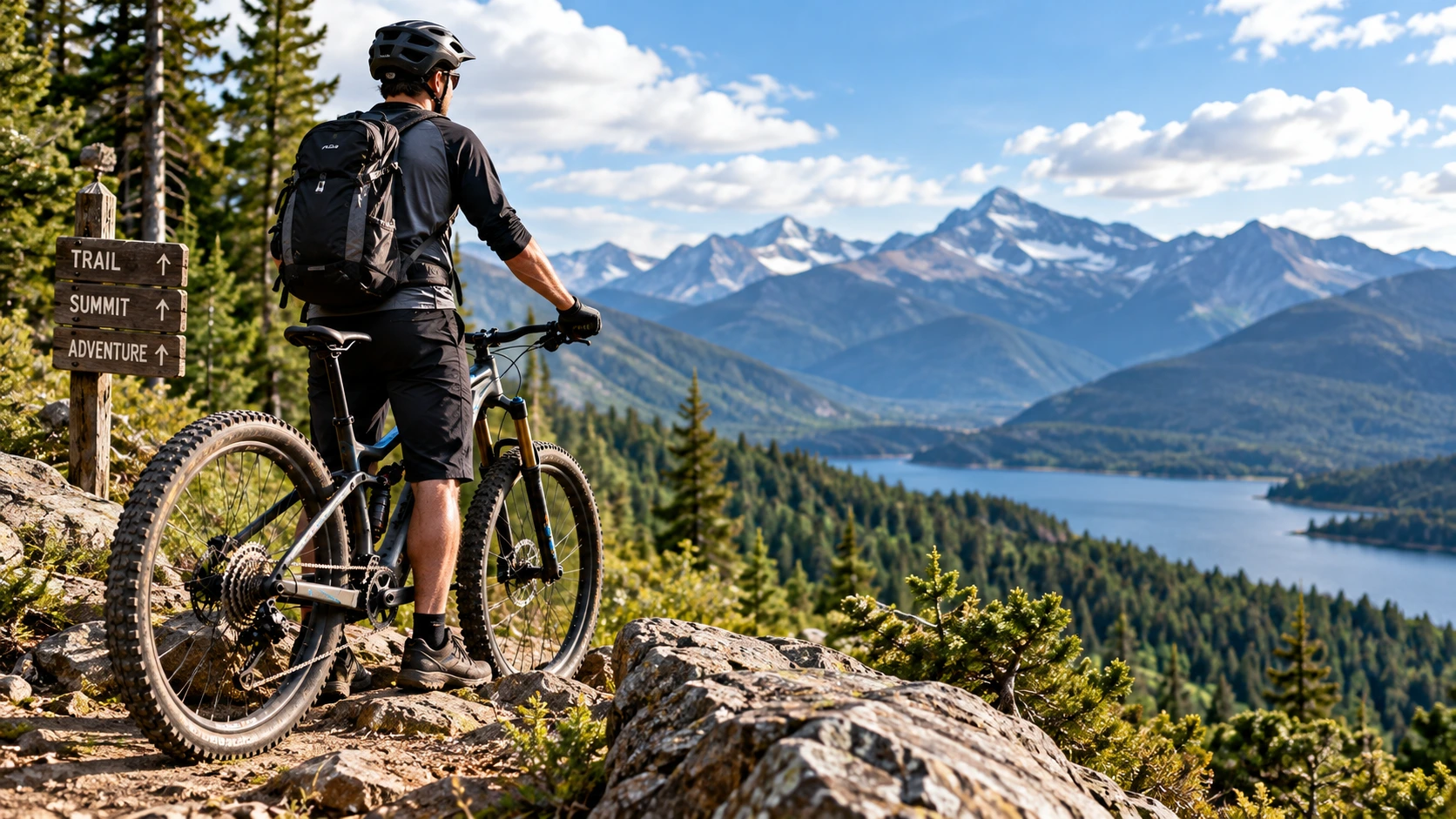 Mountain biker with a bike overlooking a scenic mountain trail and lake