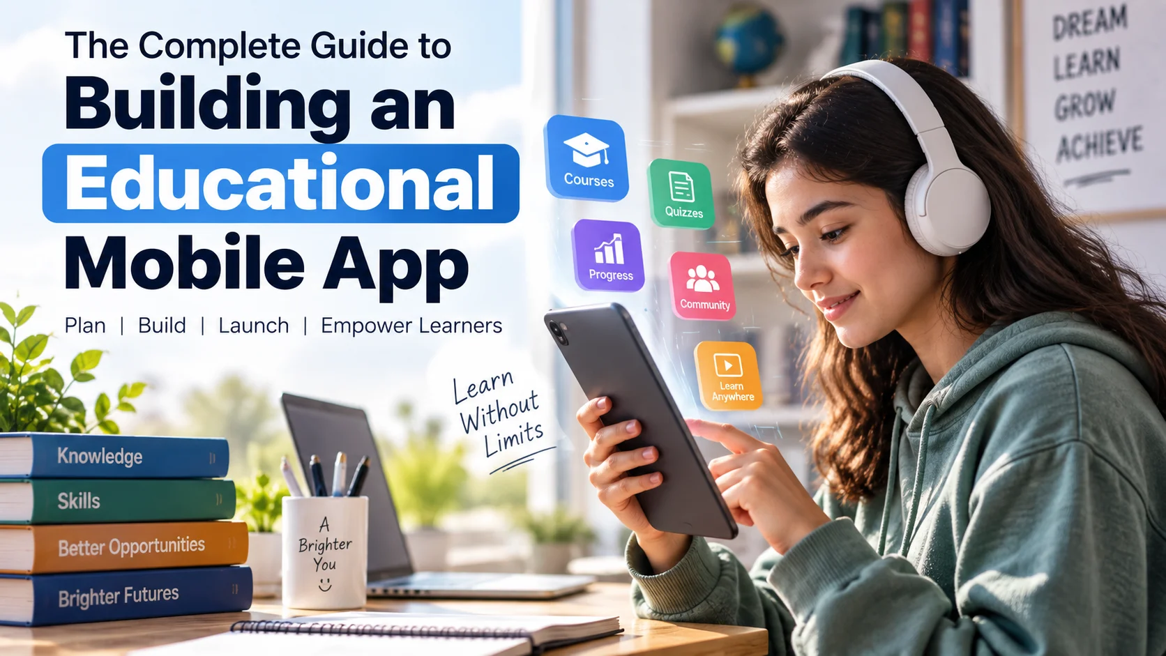 Educational mobile app guide featuring a student using a mobile learning app with courses, quizzes, progress tracking, and online learning features