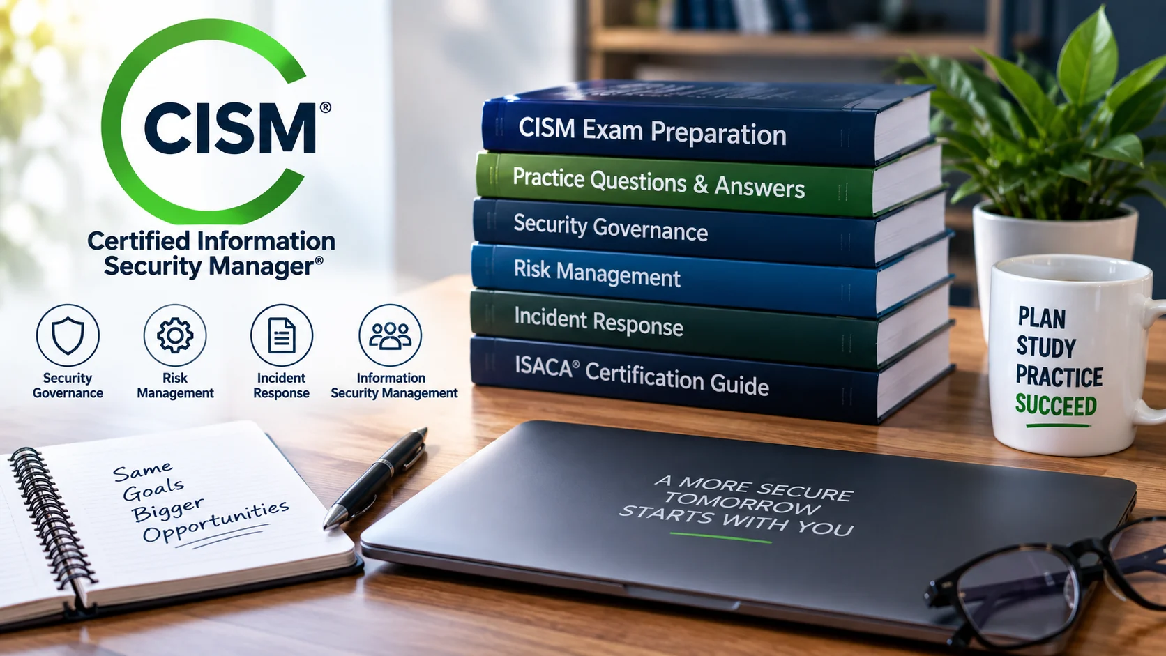 CISM exam preparation with certification study books, practice questions, security governance and risk management materials