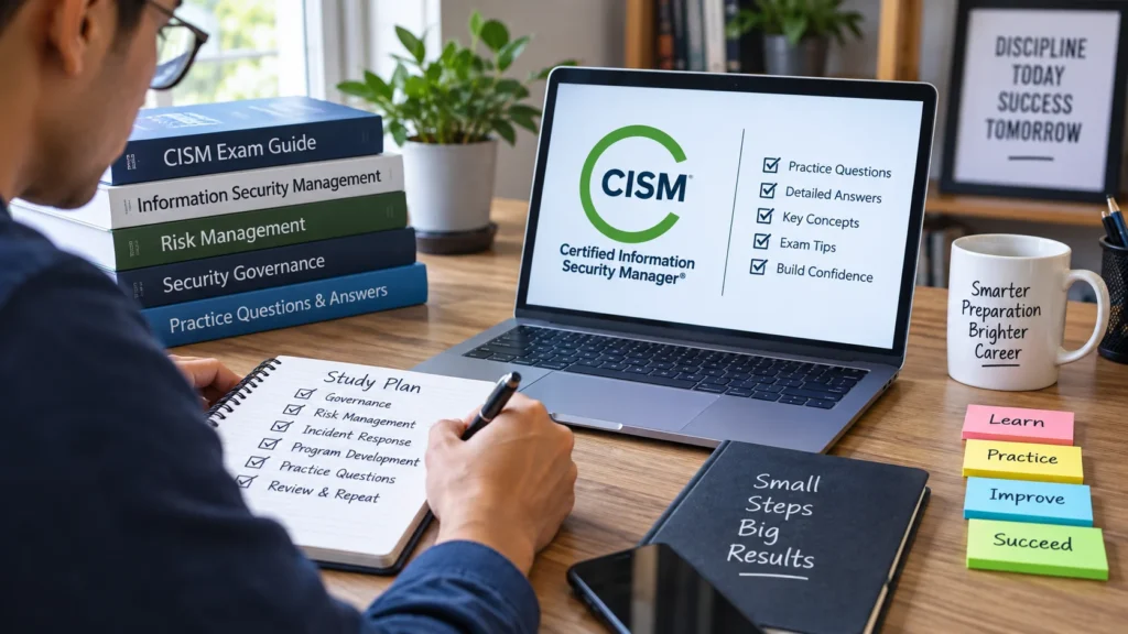 Student preparing for the CISM exam with practice questions, study materials, and a cybersecurity management guide
