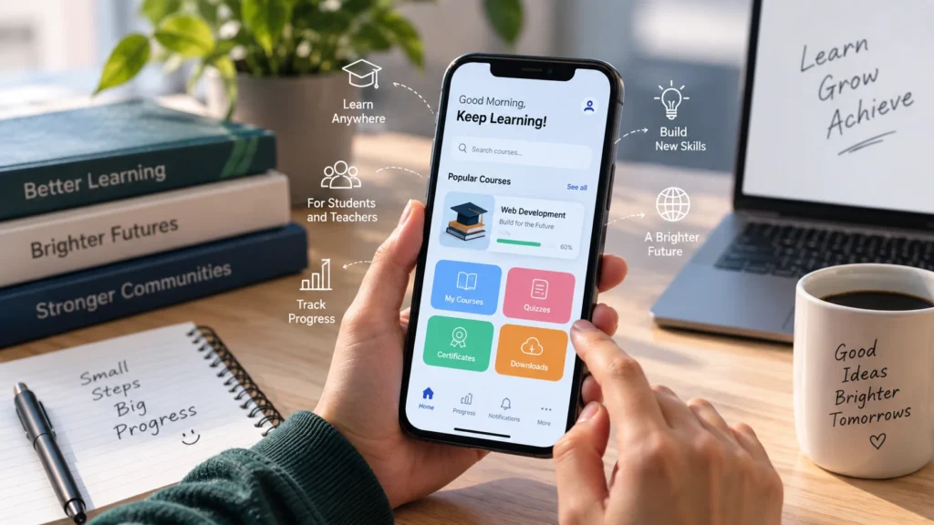 Educational mobile app showing online courses, quizzes, progress tracking, and digital learning features