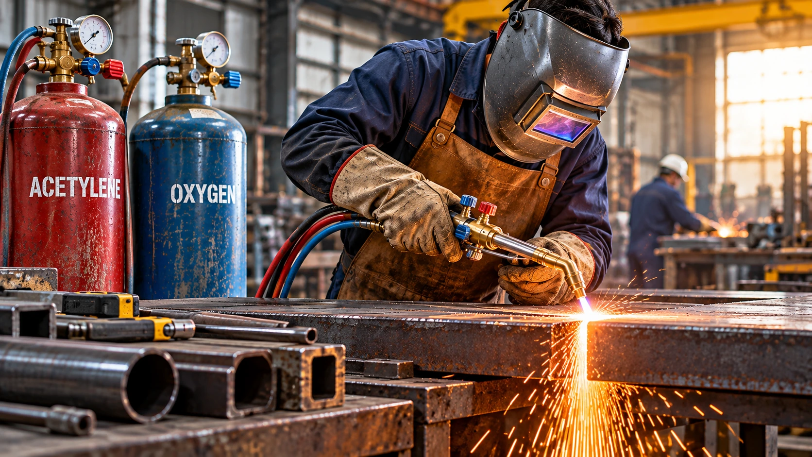 Industrial worker using an oxy-acetylene torch to cut steel in a metal fabrication workshop with acetylene and oxygen cylinders