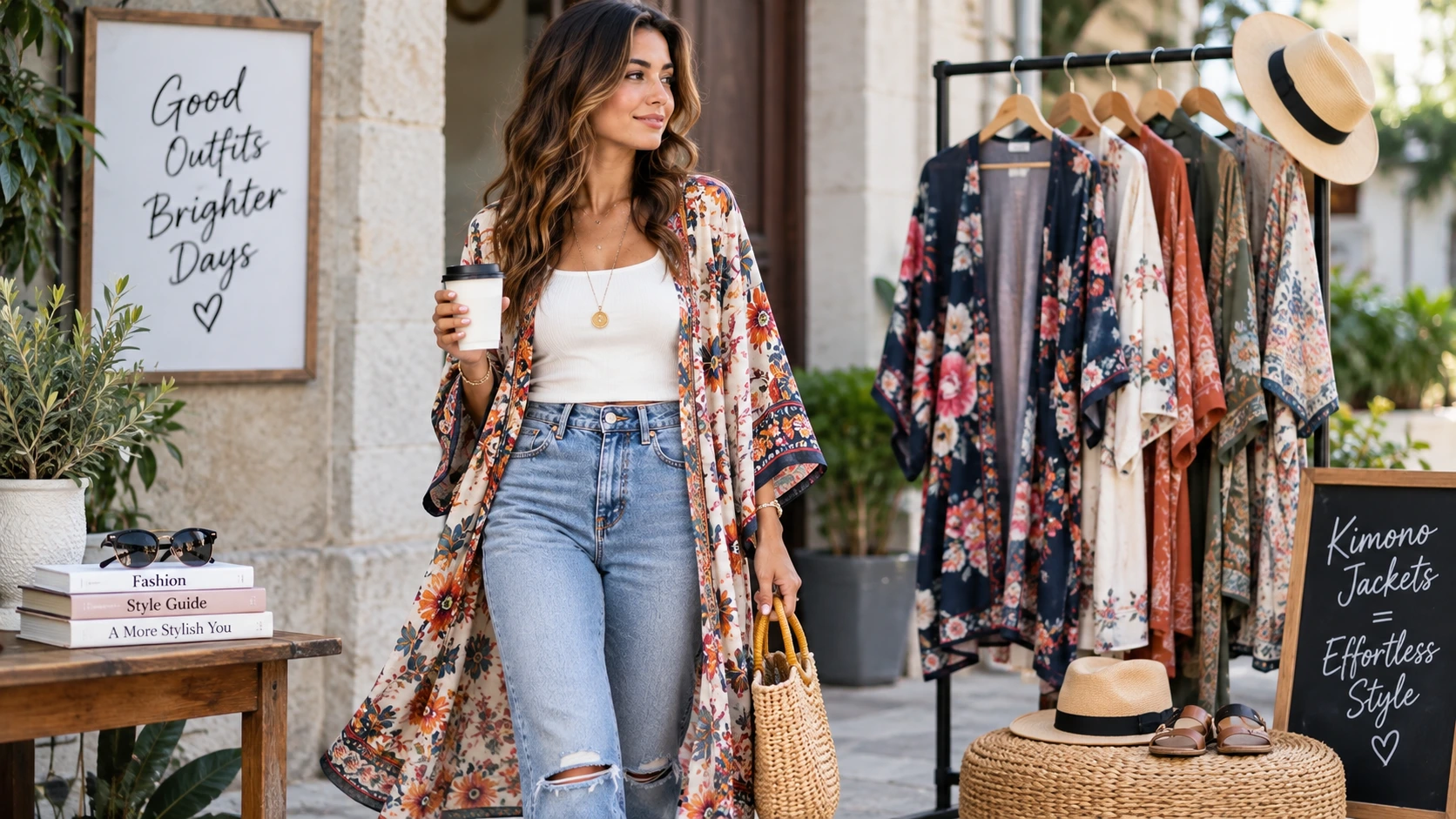 Woman wearing a floral kimono jacket with jeans and a white top