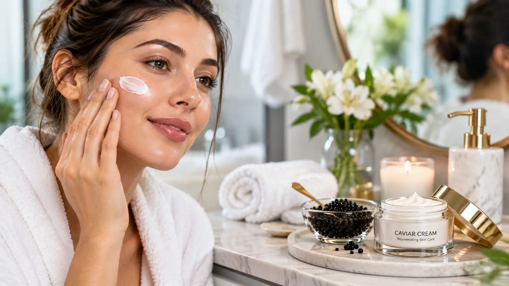 Woman applying caviar cream to her face as part of a skincare routine