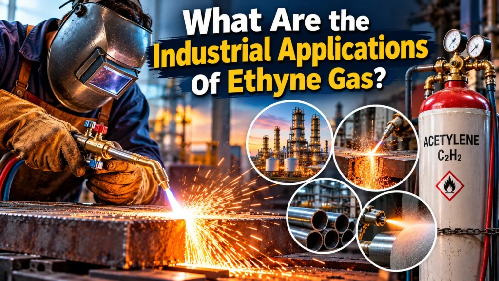 Industrial applications of ethyne gas showing oxy-acetylene metal cutting, industrial equipment, and an acetylene gas cylinder