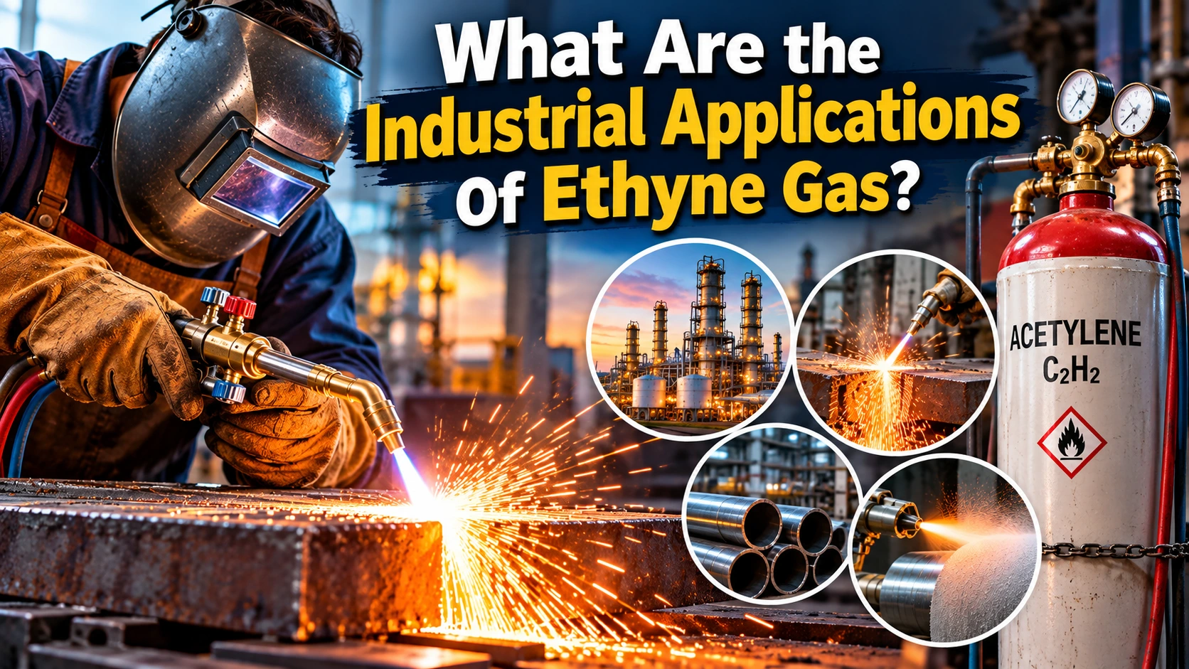 Industrial applications of ethyne gas showing oxy-acetylene metal cutting, industrial equipment, and an acetylene gas cylinder