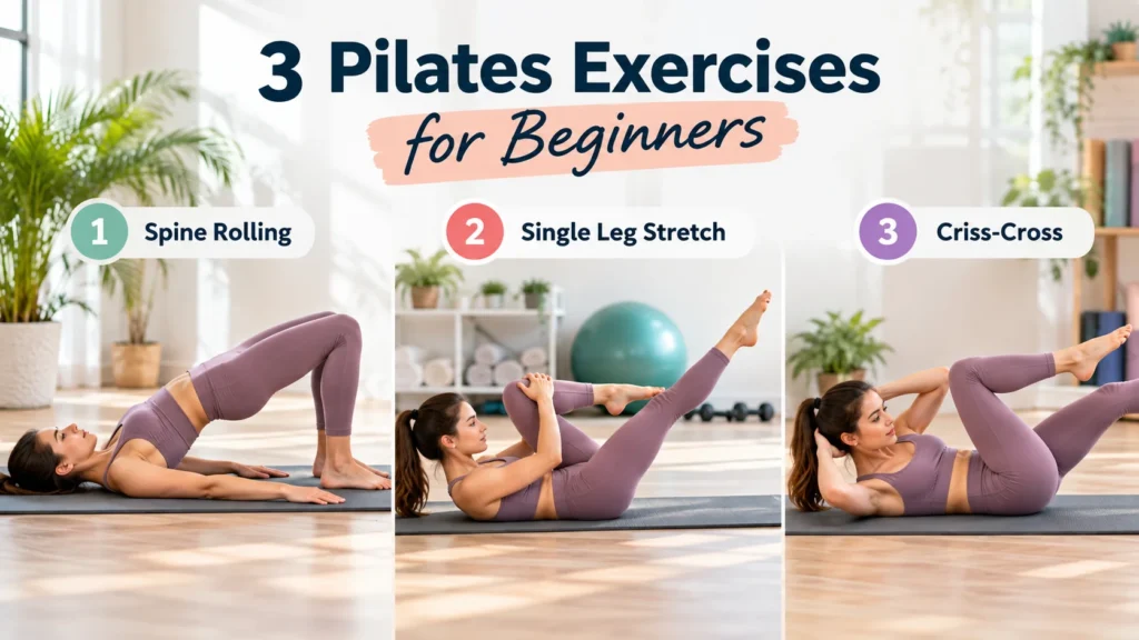 Three Pilates exercises for beginners including spine rolling, single leg stretch, and criss-cross