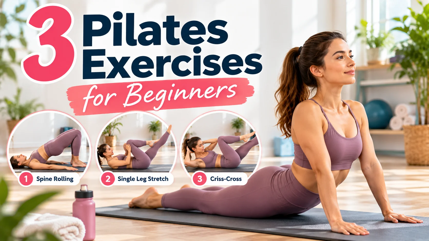 3 Pilates exercises for beginners featuring spine rolling, single leg stretch, and criss-cross