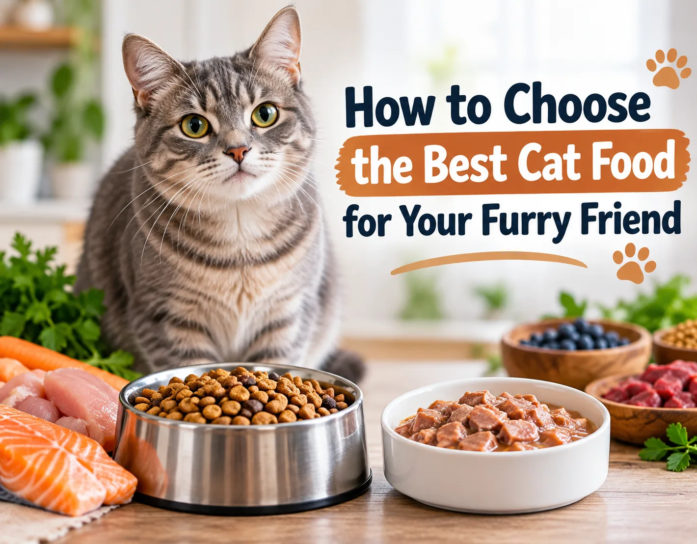 Gray tabby cat beside wet and dry food while choosing the best cat food
