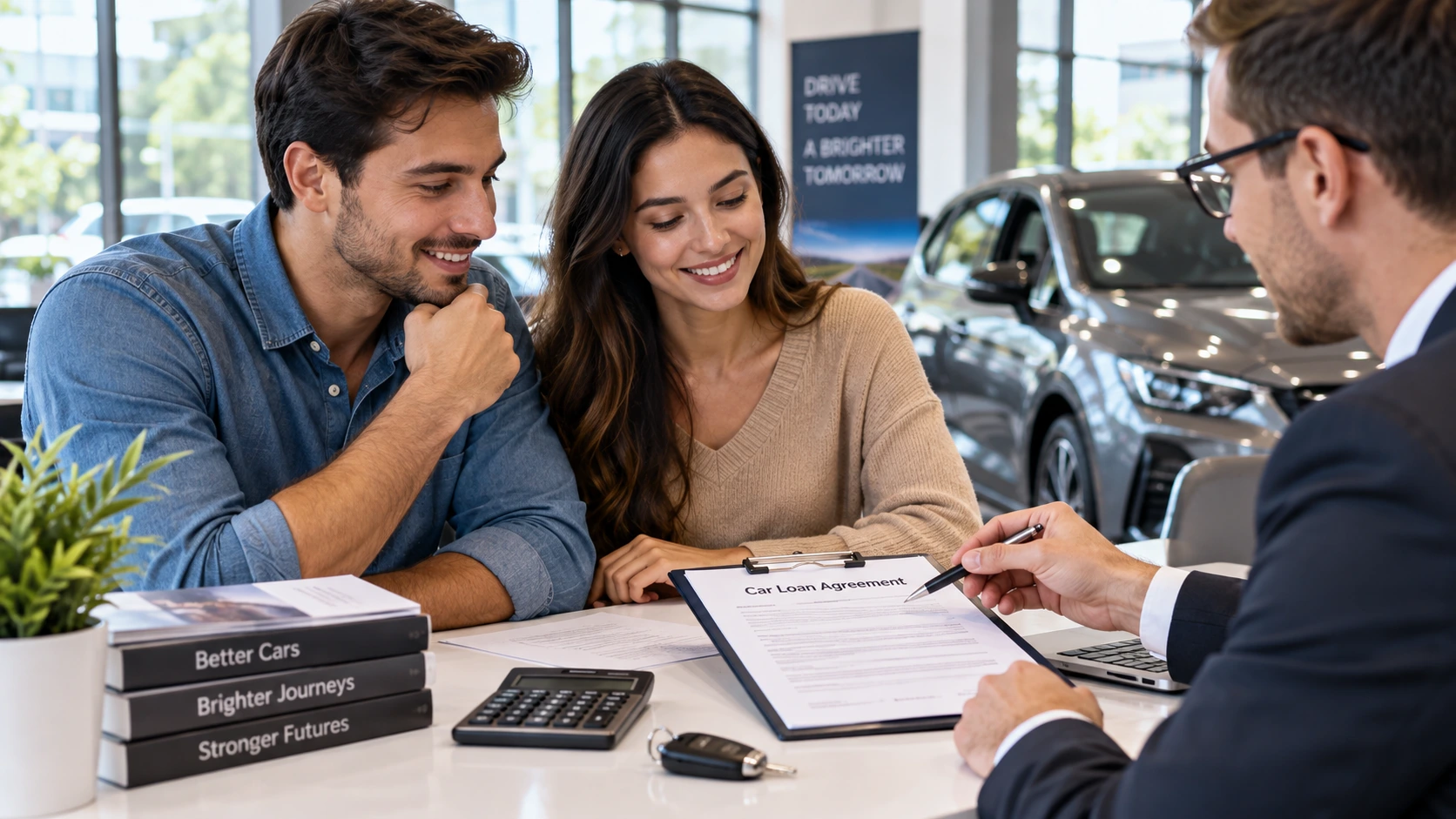 Couple discussing a car loan agreement with a financial consultant at a car dealership