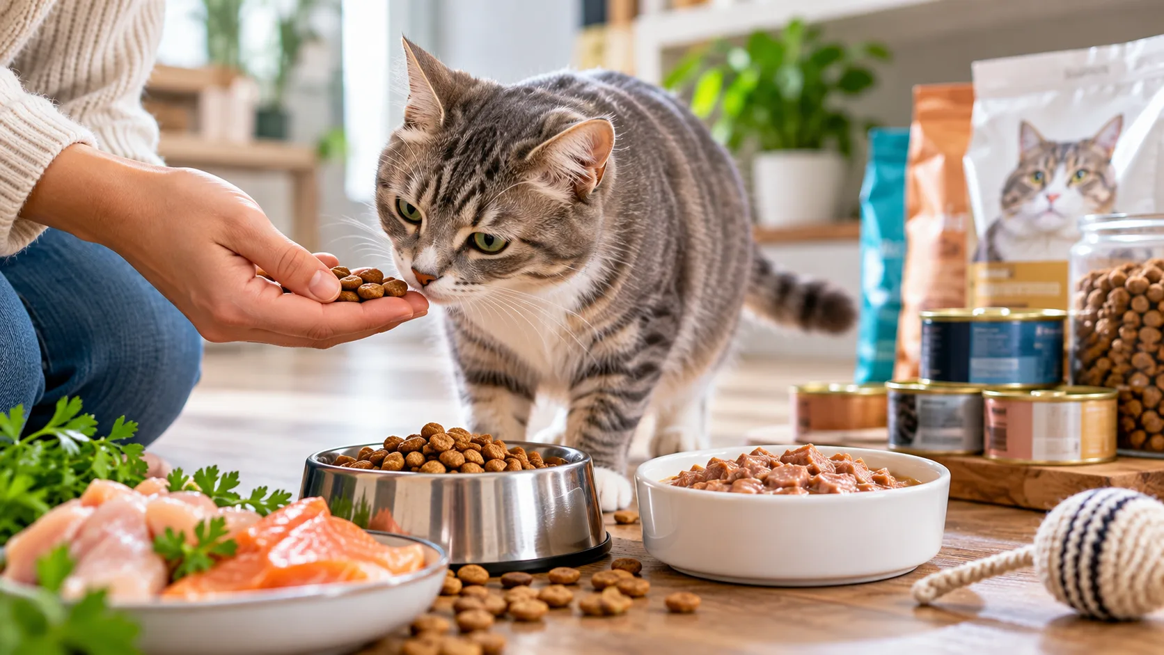 Cat examining dry food while a pet owner offers kibble with wet and dry cat food nearby
