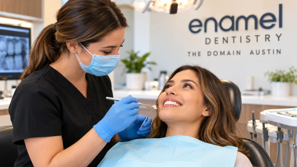 Enamel Dentistry The Domain Austin dentist providing a dental examination to a patient