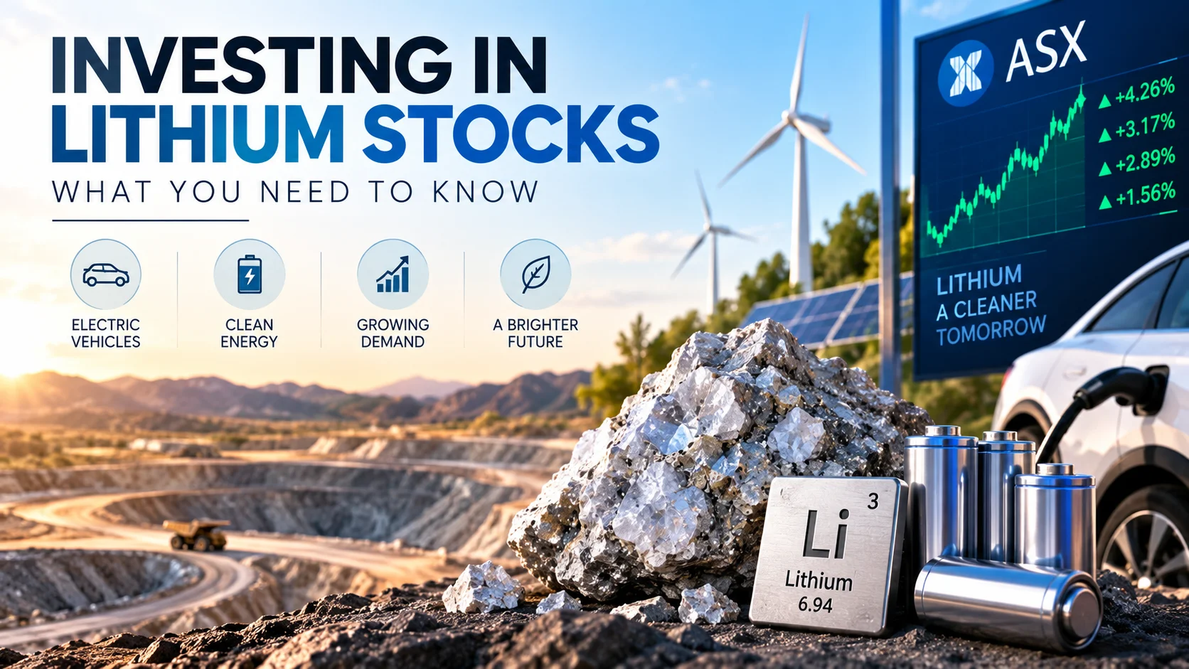 Investing in lithium stocks with lithium ore, ASX market chart, battery cells, electric vehicle and renewable energy