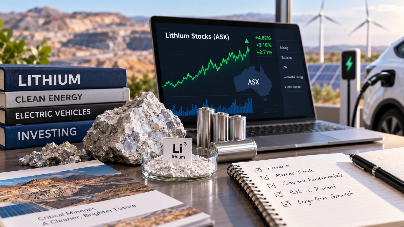 Investing in lithium stocks with an ASX market chart, lithium ore, batteries, electric vehicle and renewable energy background