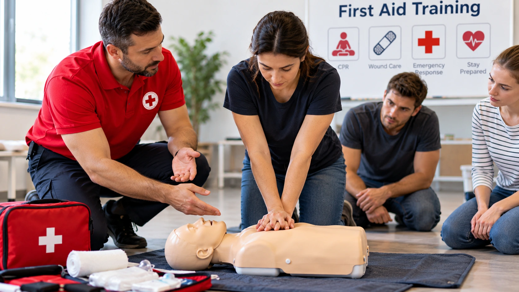 First aid training class with an instructor teaching CPR practice on a medical manikin