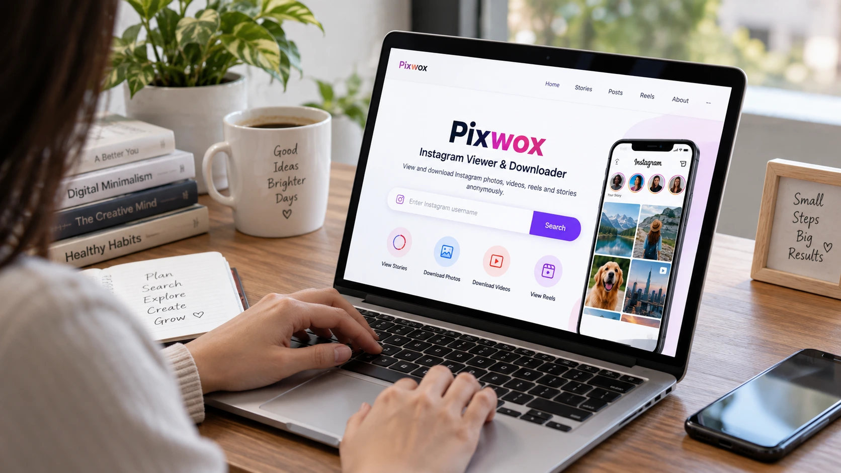 Pixwox Instagram viewer and downloader displayed on a laptop
