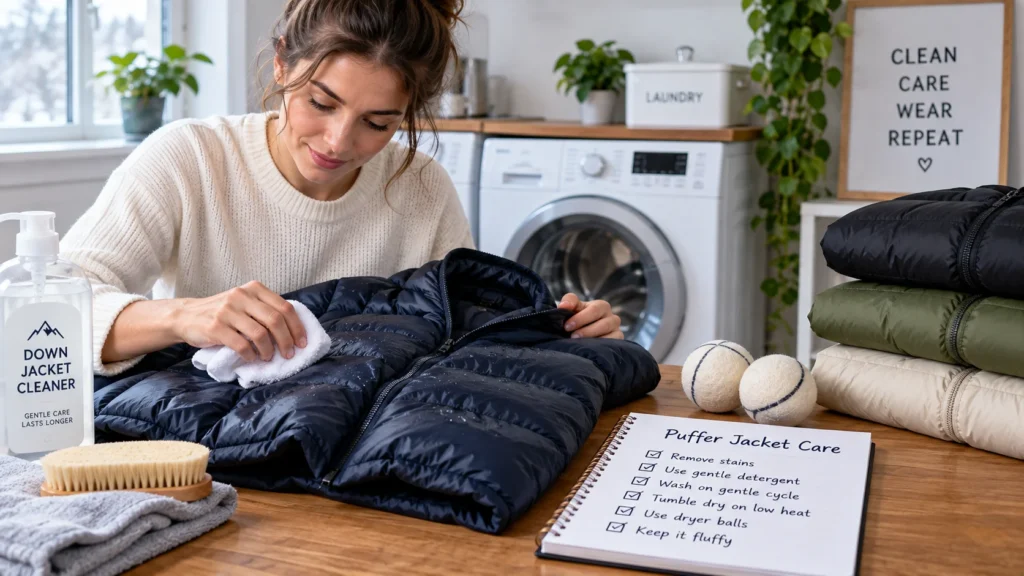 Guide to safely cleaning and dry cleaning a puffer jacket with washing, drying and care tips
