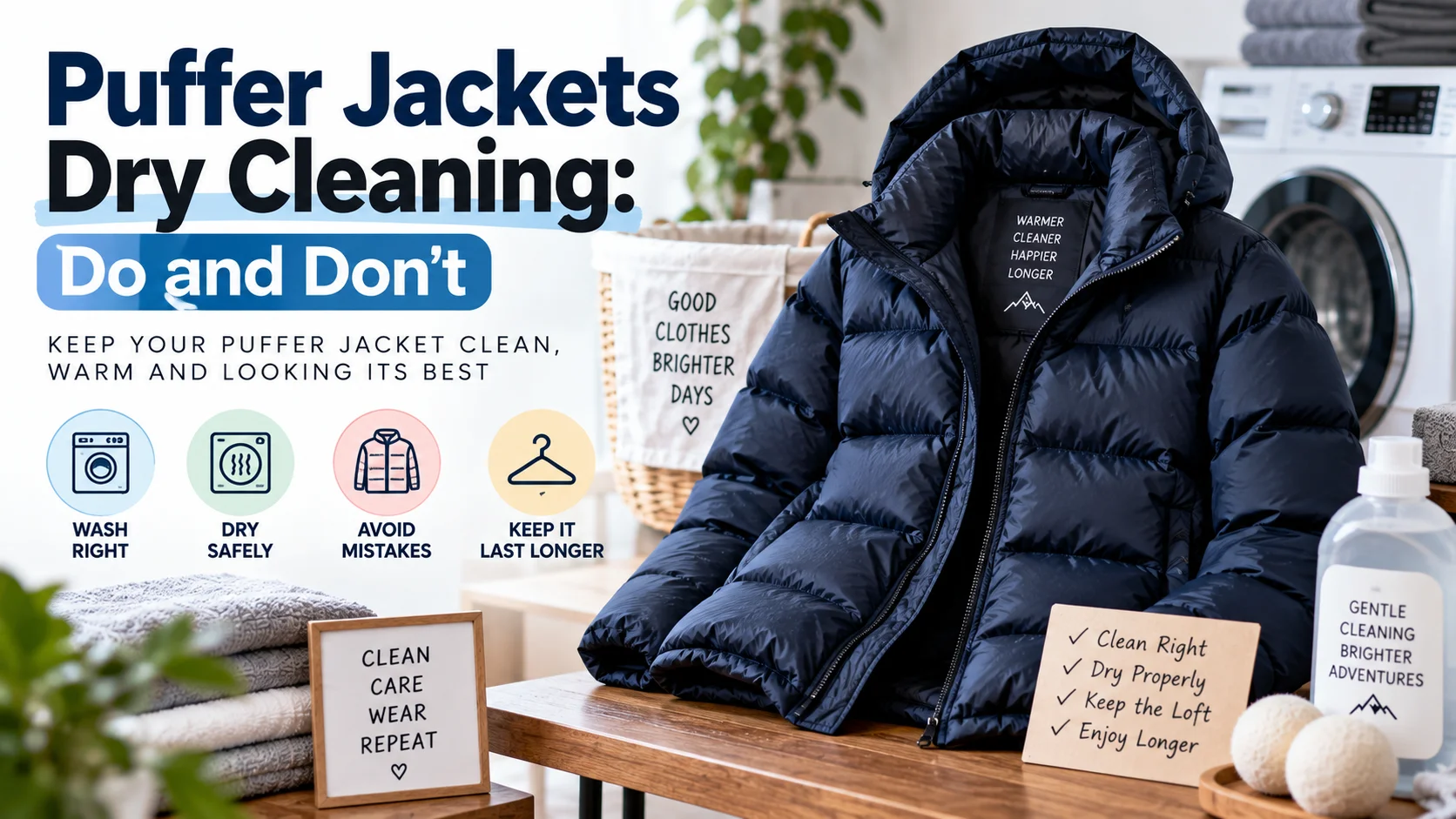 Puffer jacket dry cleaning guide showing safe washing, drying, care tips and common mistakes to avoid