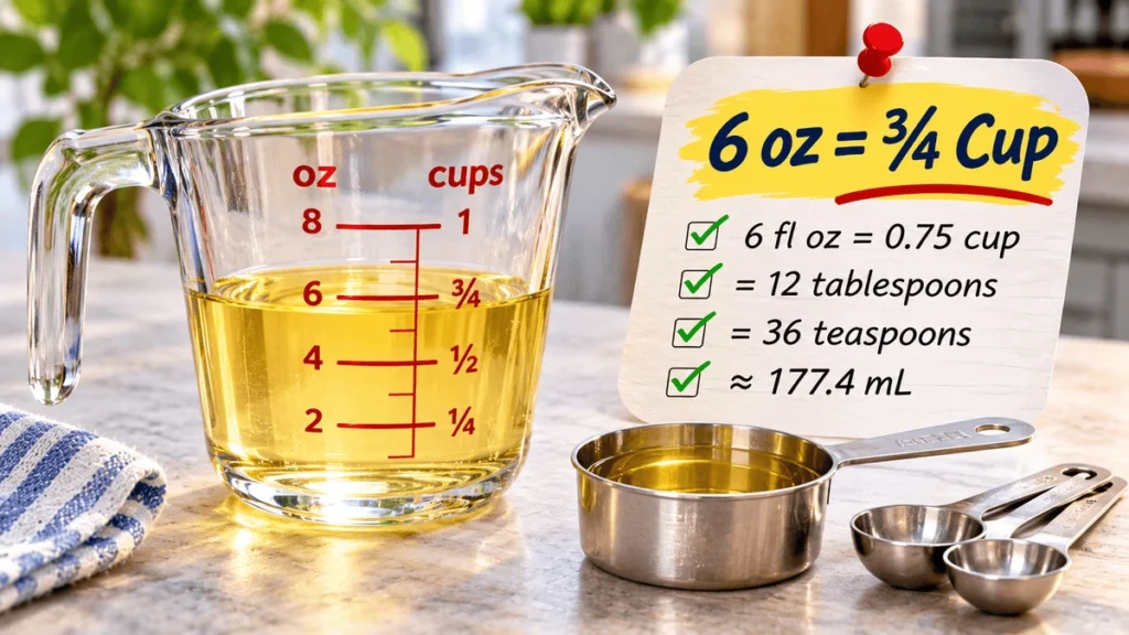 Glass measuring jug showing 6 fluid ounces equal to three-quarter cup with tablespoon and milliliter conversions