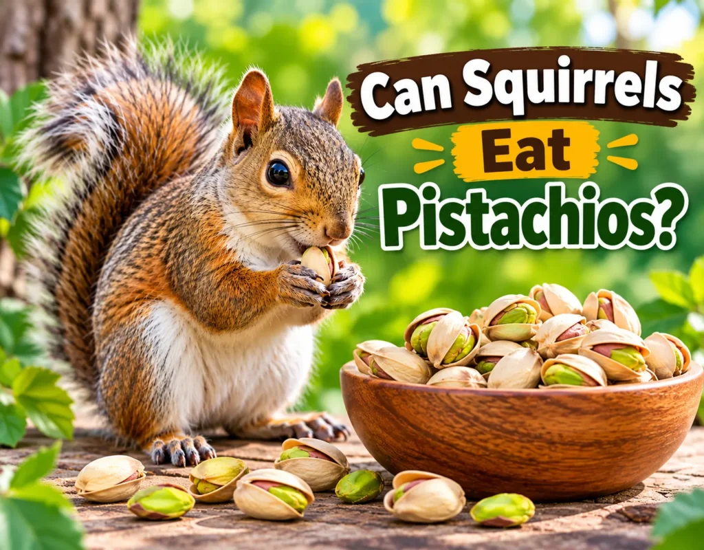 Squirrel eating a pistachio while sitting beside a bowl of pistachios