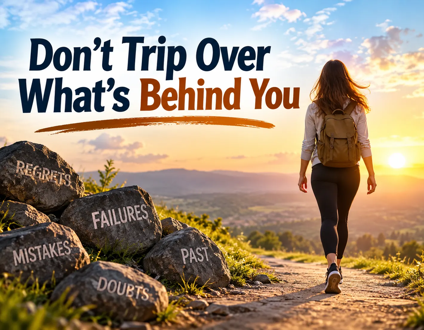 Woman walking forward on a mountain trail while leaving past struggles behind