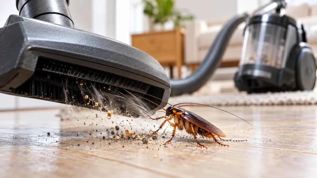 Cockroach near a vacuum cleaner nozzle while being vacuumed