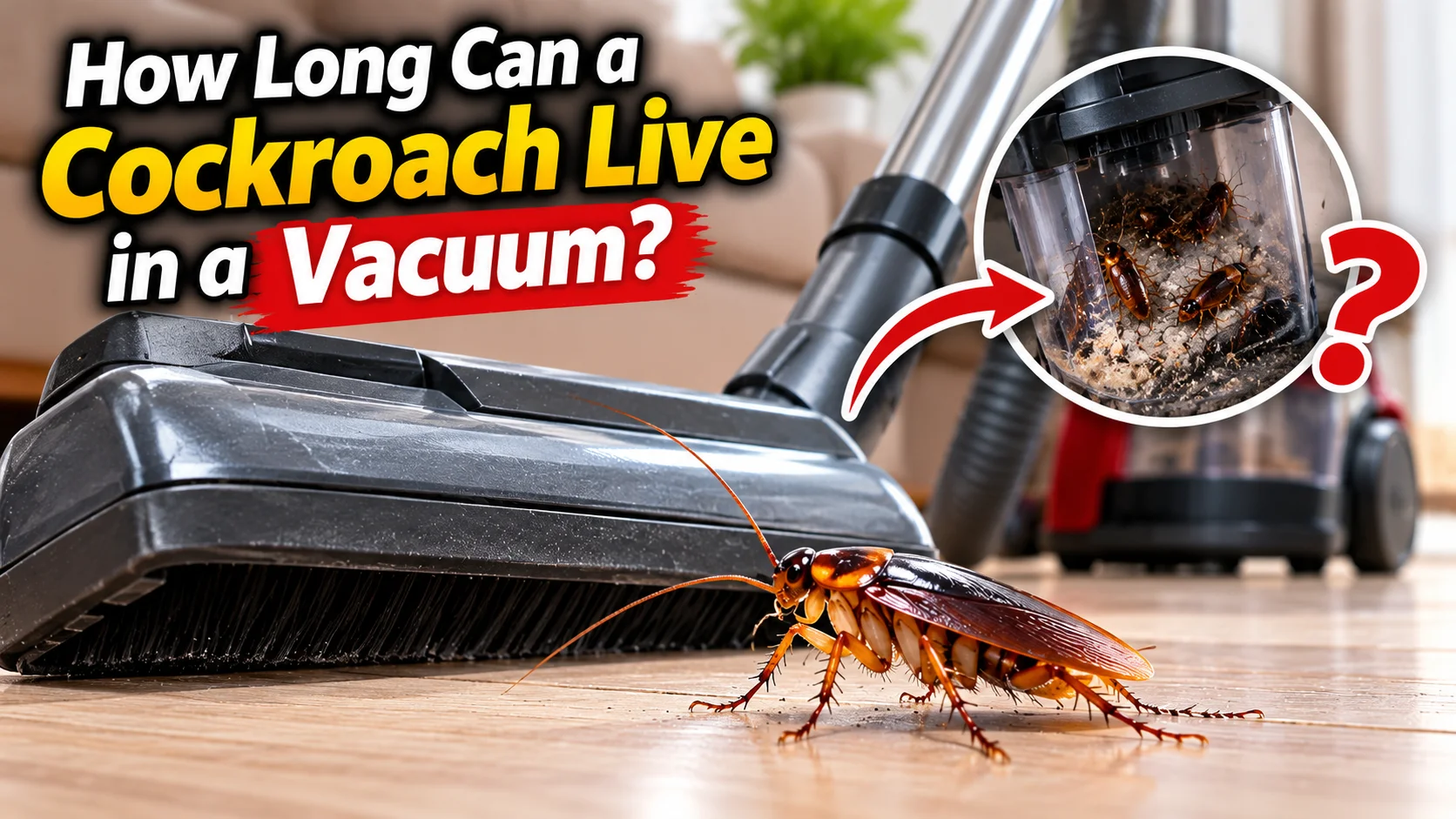 Cockroach beside a vacuum cleaner with cockroaches visible inside the vacuum canister