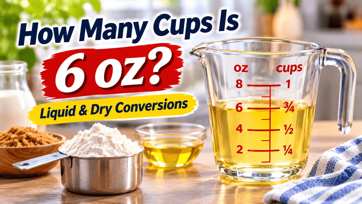 How many cups is 6 oz featuring a measuring jug, flour, and kitchen measurement ingredients