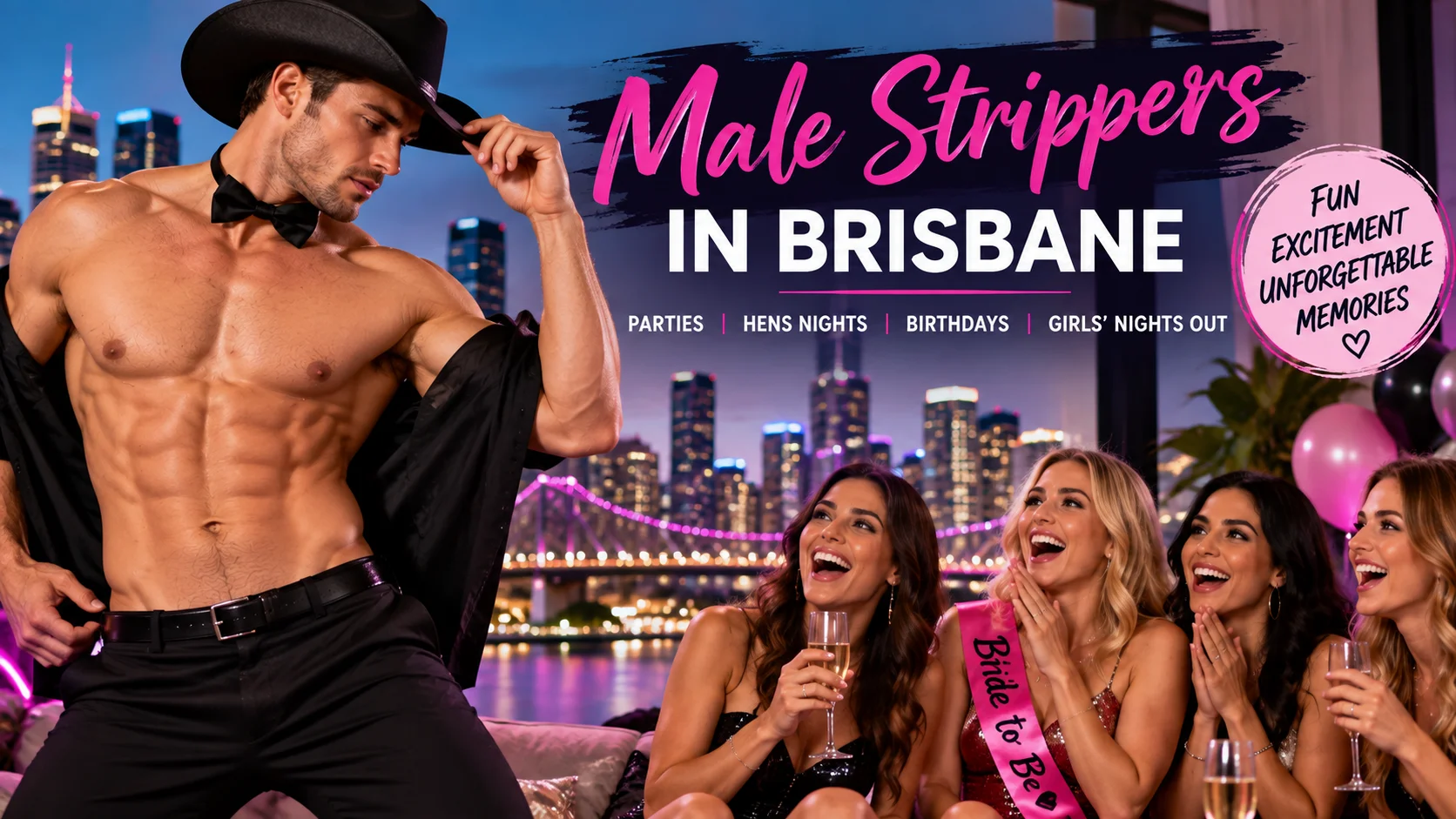 Male strippers in Brisbane performing at a hens night and party entertainment event with Brisbane city skyline