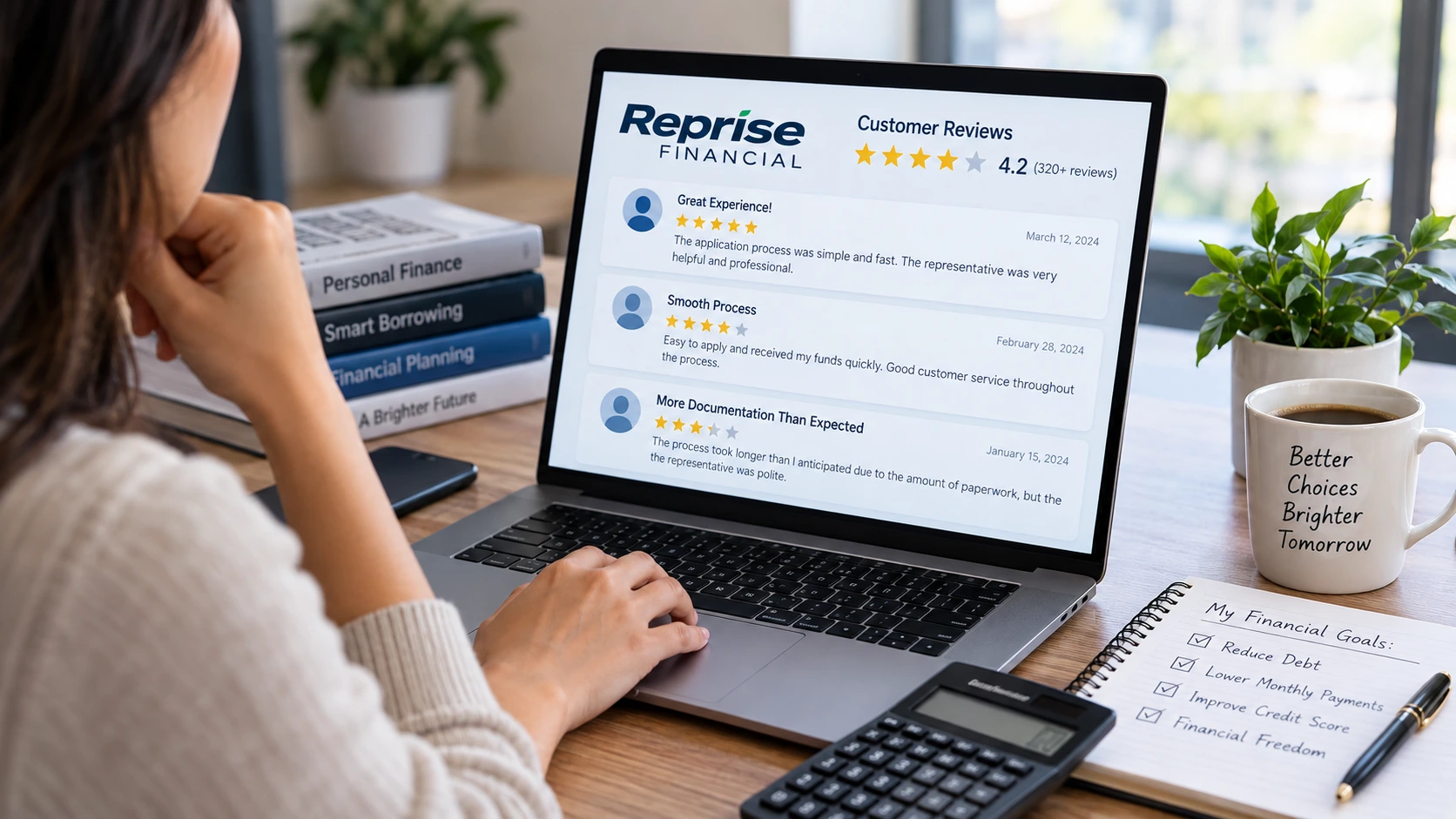 Woman reviewing Reprise Financial customer reviews and loan information on a laptop