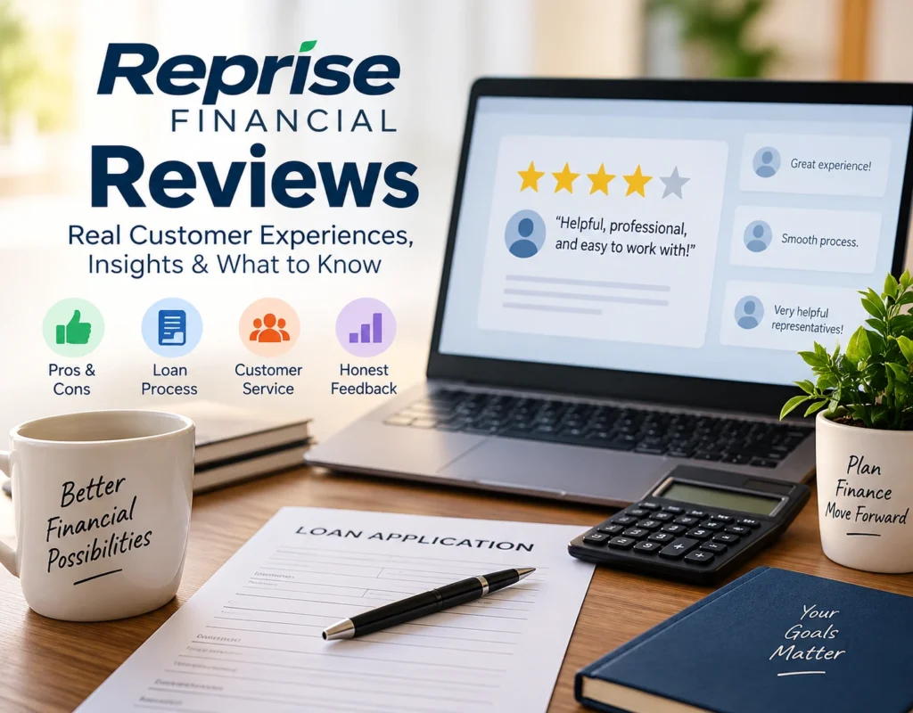 Reprise Financial reviews showing customer experiences, loan services, and financial insights