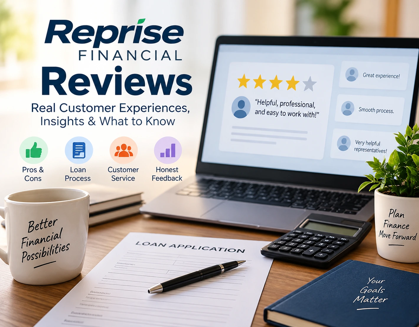 Reprise Financial reviews showing customer experiences, loan services, and financial insights