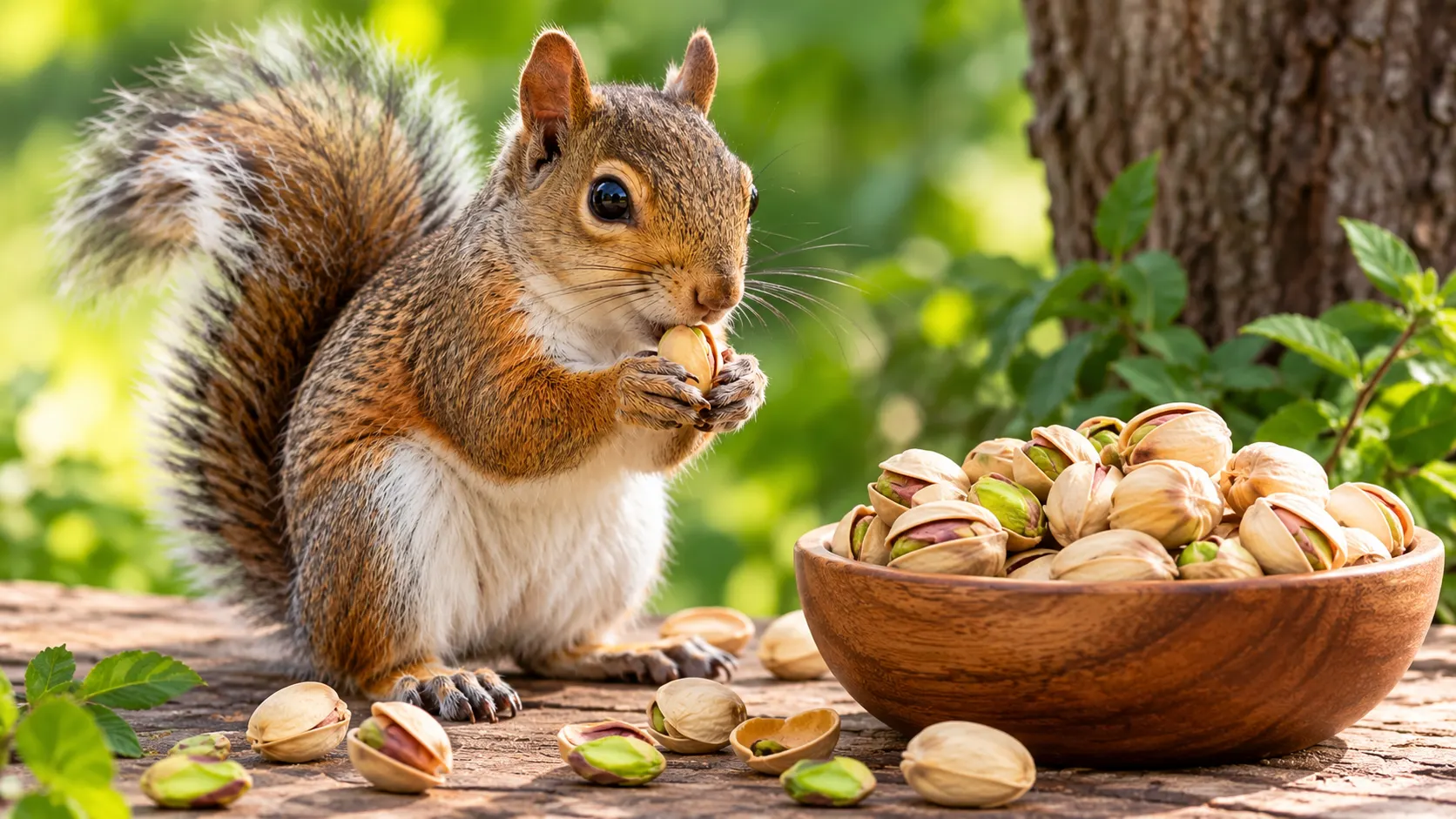 Squirrel holding and eating a pistachio beside a bowl of pistachios